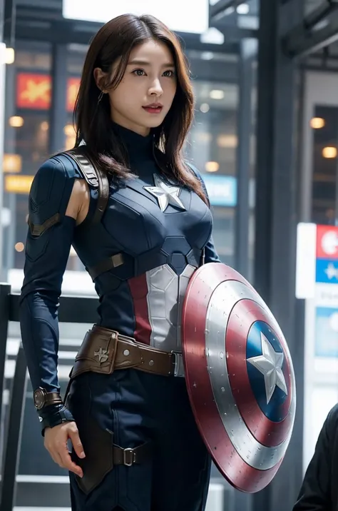 masterpiece,  1 girl, beautiful woman、marvel's captain america , delicate and delicate features,  american dream ,  holding a ro...