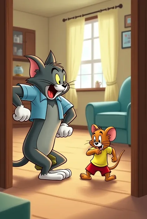 tom and jerry are both in the house wearing their own clothes shirt and shorts on in 2d