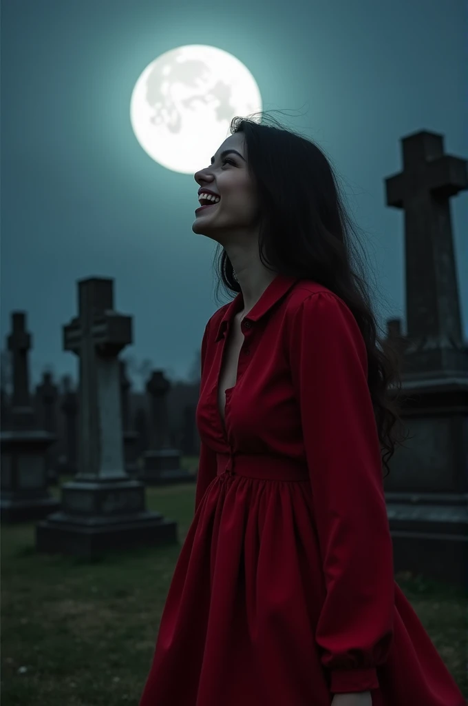 Woman dressed in red at the cemetery laughing
On the most evil full moon