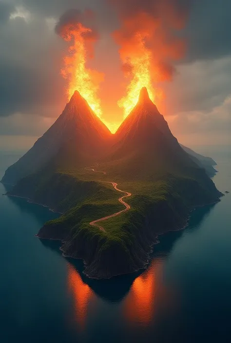 An infinity-shaped island with two volcanoes juggling fire between them 