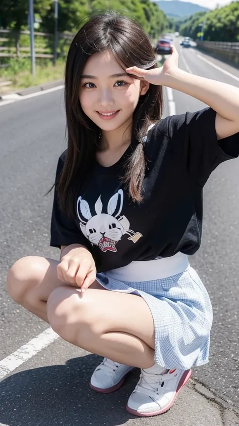 A very cute 18 year old girl with fair skin and big eyes squatting on the paved road wearing a patterned skirt. The girl turns to look at the camera and points her finger at the ground in the middle of the paved road and smiles happily. A slight breeze blo...