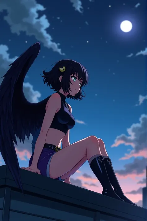 Capture of the anime  "My Hero academia",  beautiful girl who is a 19-year-old professional hero who measures 1 .66 cm, somewhat muscular ,  with large black wings ,  with short black hair ,  a little curly but at the same time a little straight ,  with a ...