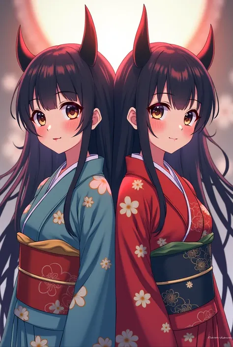  anime beautiful girl twin sisters、 elementary school students　The upper body is a kimono and the lower body is turned　Demon Horns