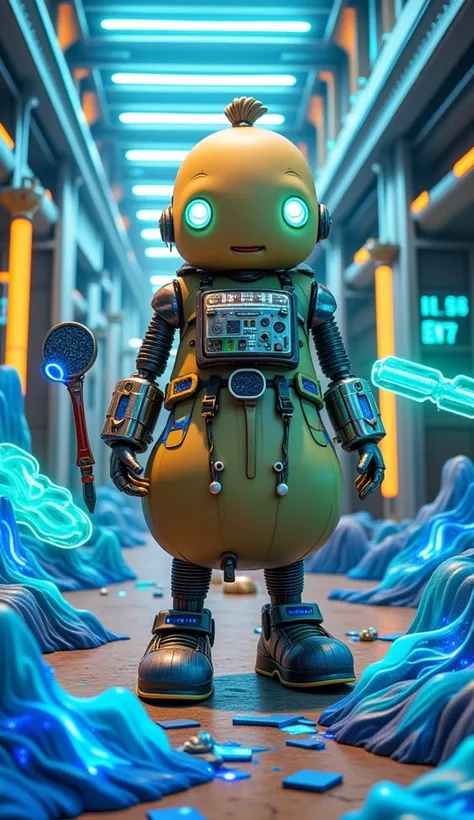 A whimsical scene of a potato robot, standing tall with metal limbs and glowing eyes, in a futuristic workshop. The robot is framed mid-shot, with soft, ambient lighting casting shadows on its metallic surface. The composition is dynamic, with the robot ho...