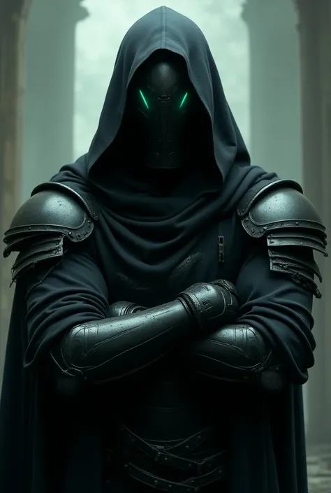 a close up of a Echo knight in black clothes wearing a knight helmet with a hood over it, no weapons and crossing his arms, more clothes. give him glowing mint colored accents,  concept art inspired by Raymond Swanland, trending on Artstation, fantasy art,...