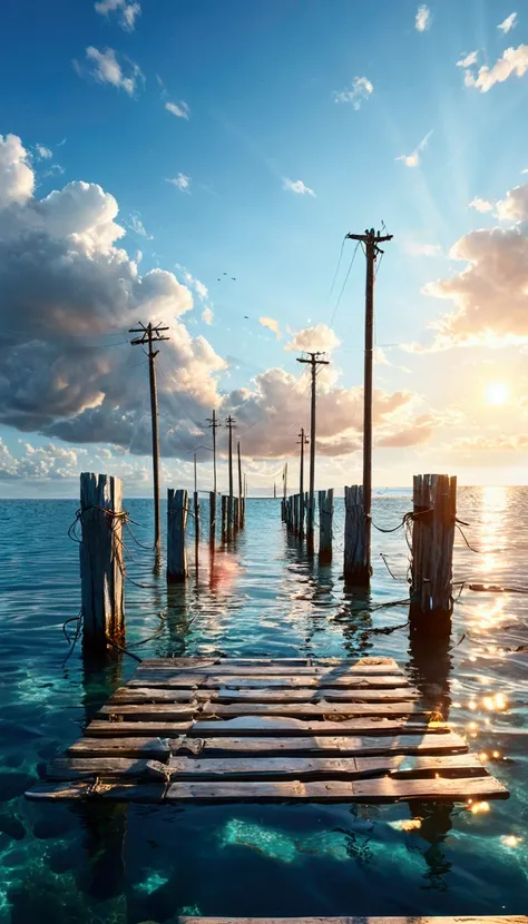 Stalls floating in the ocean, crystal clear sea, telephone poles, summer sky, clear contrast of sun and shadow, 8KHDR