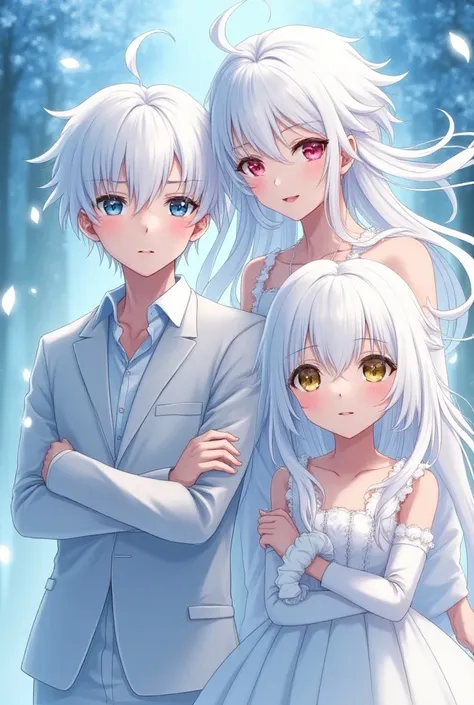 Girl with white hair and blue eyes , Boy with white hair and red eyes and another girl with white hair and gold eyes anime mode