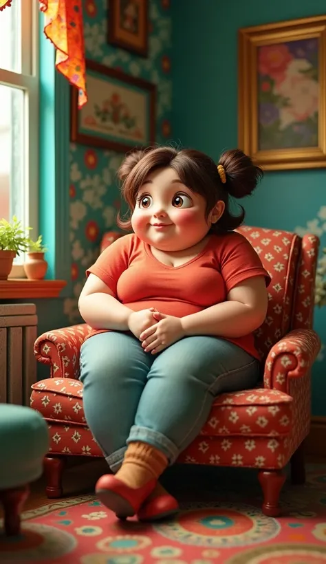 A cute funny fat woman with big eyes sits in a chair in a room with a thoughtful look, brightly colourfully beautiful  