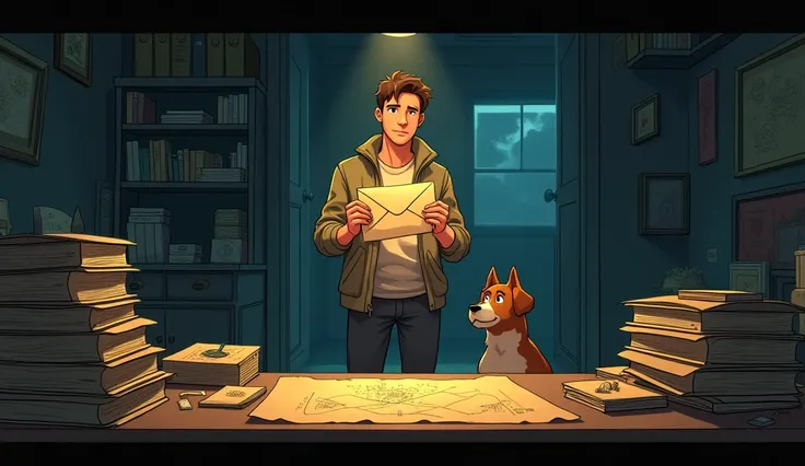 Animated image: A dimly lit office with a cluttered desk, Max Adler standing in the middle, holding an envelope with mysterious symbols. On the desk, there are piles of old maps, books about archaeology, and a faint outline of a sapphire tablet on a parchm...