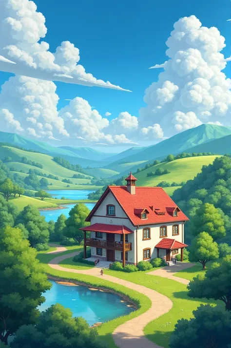  An orphanage in an isolated field ,  with little hills , trees, lagos,  And a beautiful blue sky with clouds ,  the orphanage has 2 floors ,  it is colorful ,  with rens drawings on the walls ,  the orphanage gives a nostalgic feeling, peace, And déjà vu 