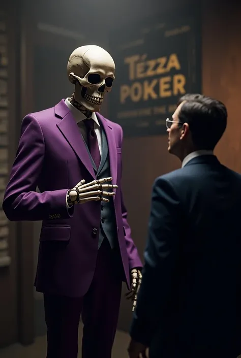 Drake Ceremony Darren interviews a skeleton in a purple suit with Tezza poker written behind his back on the wall.