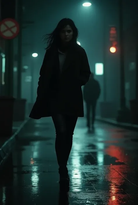 Depict Riya walking faster with a nervous expression, looking straight ahead. In the background, a shadowy figure’s footsteps echo softly but persistently. The wet ground reflects the dim streetlights, creating an eerie mood, while Riyas face shows her inc...