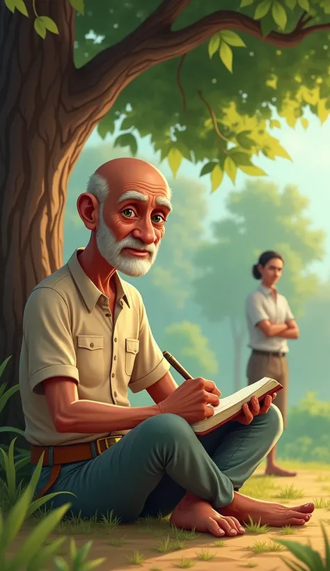 Indian ias officer TN sheshaan, an old bald old man with no hair on his head, sitting near a tree and holding a pen writing a autobiography that is showing clearly. Another person is also standing near him, Image should be 3 d cartoon type realistic ultra ...