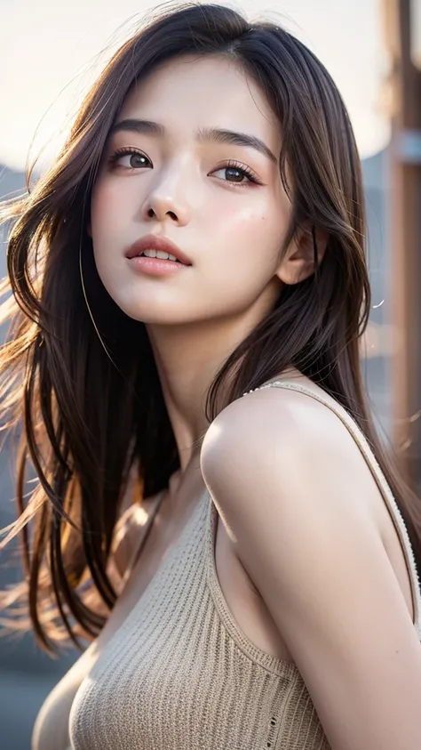 With the alleys of Kyoto in the background、  an 18 year old girl 、independent、Expectations、light eye makeup、  brown hair color、flat 、Hair blowing in the wind、Quality of actress、Sparkling,  Ultra-realistic faces 、smileの表情、Bloodshot eyes、 look up 、Soothing l...