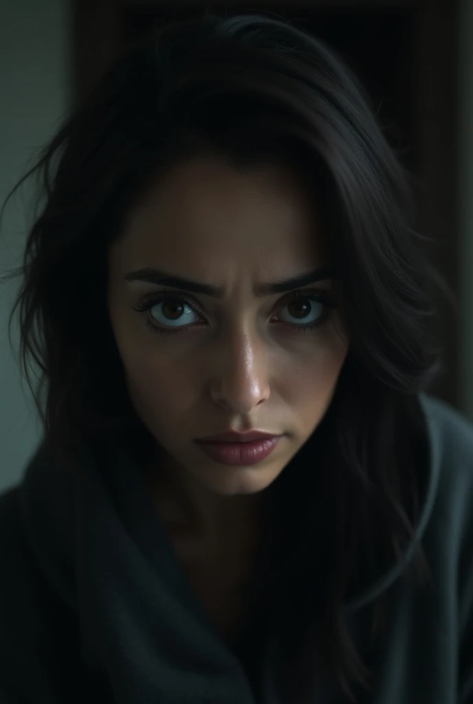 Show a close-up of Riyas face, showing fear and anxiety. Her eyes are wide, her breathing quick, and her heart is racing. In the background, there’s a hint of the shadowy figure approaching slowly, blurred, adding a tense, thriller vibe.
