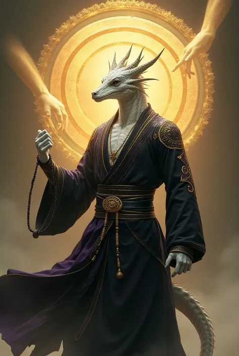  A muscular Draconate with white scales wearing fighting monk clothes, black with gold and purple details .  He has his right hand raised at chest height in a straight position and his palm turned to the left,  with prayer beads wrapped around it .  A larg...