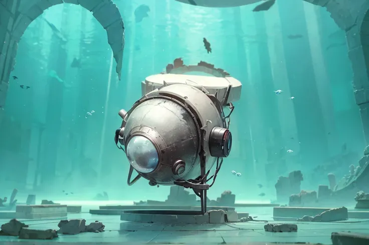 (masterpiece, Best Quality, Super detailed,anime,8k,),(small submersible:1.5), A place like an underwater ruins is depicted ,Symmetrical ruins ,( There is a large hole in the ceiling 、The light is coming from there),, The pillars and arches of the ruins ar...