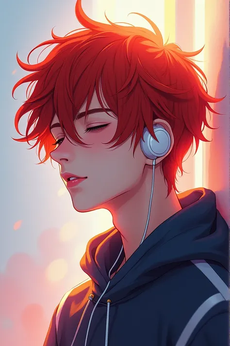 Make a red haired anime boy character who likes listening to music wearing his airpods