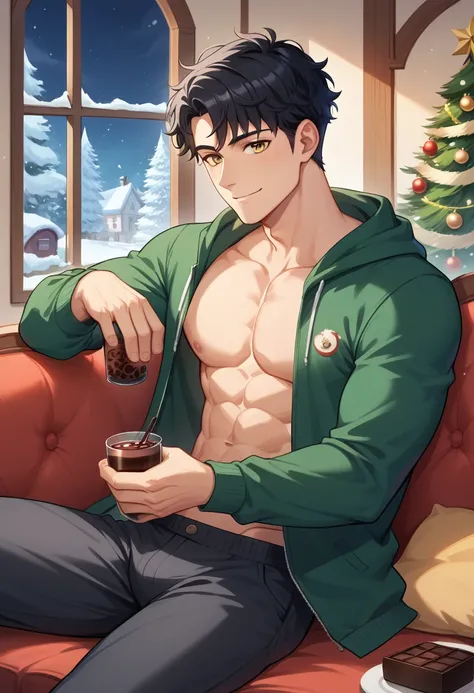 1boy, male focus, solo, handsome male, short hair, black hair, curly hair, muscular, closed smile, yellow eyes, perfect eyes, perfect anatomy, perfect proportions, house, winter sky, christmas, beautiful house, inside house, shirtless, opened jacket, holid...