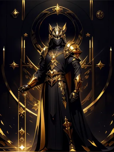 high quality, masterpiece, best detail, full body, man in black armor with golden runes, wolf ears on a black helmet with golden...