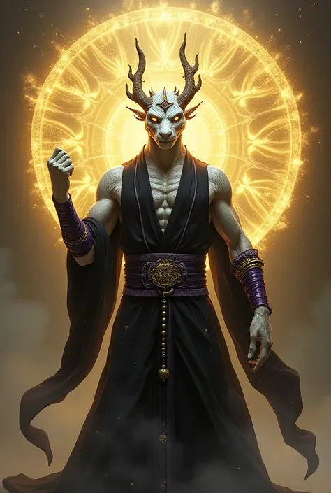  A muscular Draconate with white scales wearing fighting monk clothes, black with gold and purple details .  He has his right hand raised at chest height in a straight position and his palm turned to the left,  with prayer beads wrapped around it .  A larg...