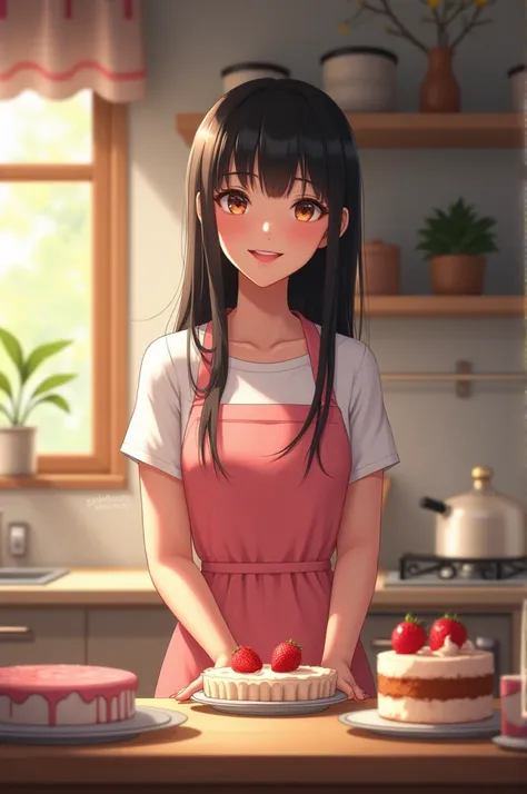 beautiful girl, long straight black hair, standing in the kitchen, making cakes, wearing a pink apron, smiling sweetly