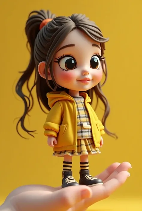 Girls " 3D caricature of a girl, key chain in the palm of the hand. High-quality realistic photo, and there is the name "Gelay" in 3D letter style, embossed and realistic, in black yellow, indium white and black, 