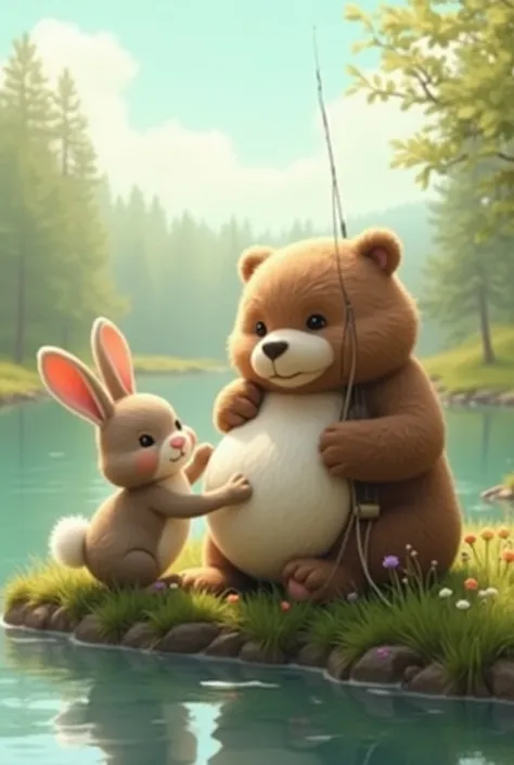 Rabbit with chubby cheeks, pinching fat bear. Bear fishing by the lake. Realistic. Cute. Dreamy background. 