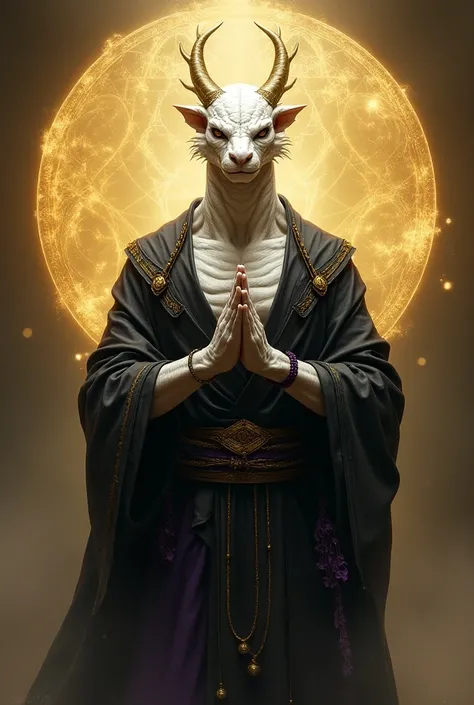  A muscular Draconate with white scales wearing fighting monk clothes, black with gold and purple details .  He has his right hand raised at chest height in a straight position and his palm turned to the left,  with prayer beads wrapped around it .  A larg...