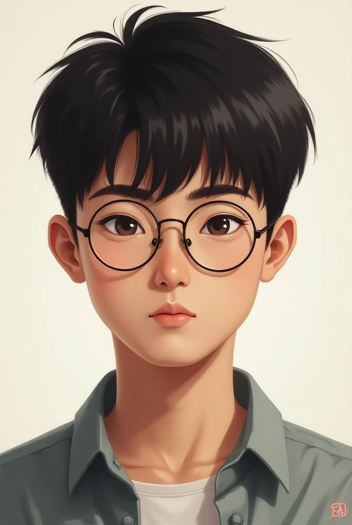  A semi-realistic drawing, short black hair, of a 20-year-old man , thin and defined , Wearing round glasses of degree , attractive