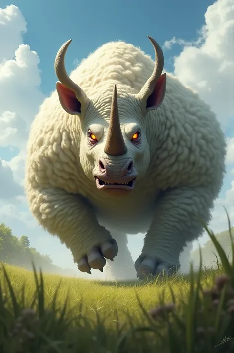  “Create a fierce monster that combines the appearance of a rhinoceros and A sheep.  The monster is shaped like a rhinoceros ,  but its skin texture resembles dense, muscular wool , like clouds,  giving it an exaggerated and powerful shape .  His expressio...