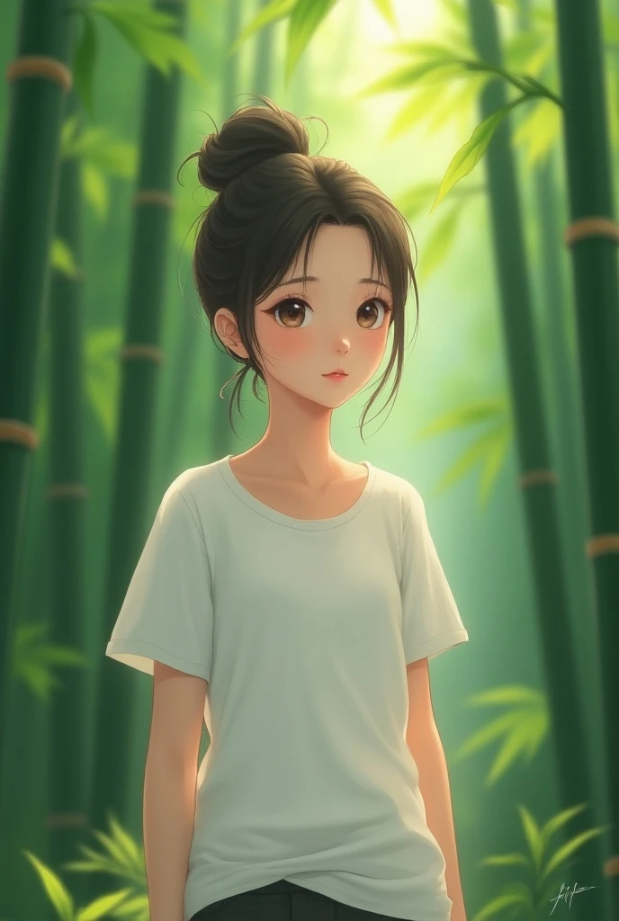 Donghua, a very cute baby face woman, wearing a white t-shirt, is standing in the middle of a bamboo forest, in the morning.