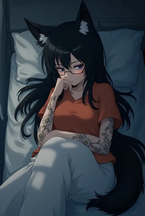 A female prisoner sleeping in prison bed, Long black hair l, Black fox ears, Black fox tail, No human ears, Wear glasses, lily and rose flowers tattoos on her arms, Orange shrit, white panty, prison room, cell door, inmate, nighttime, anime style