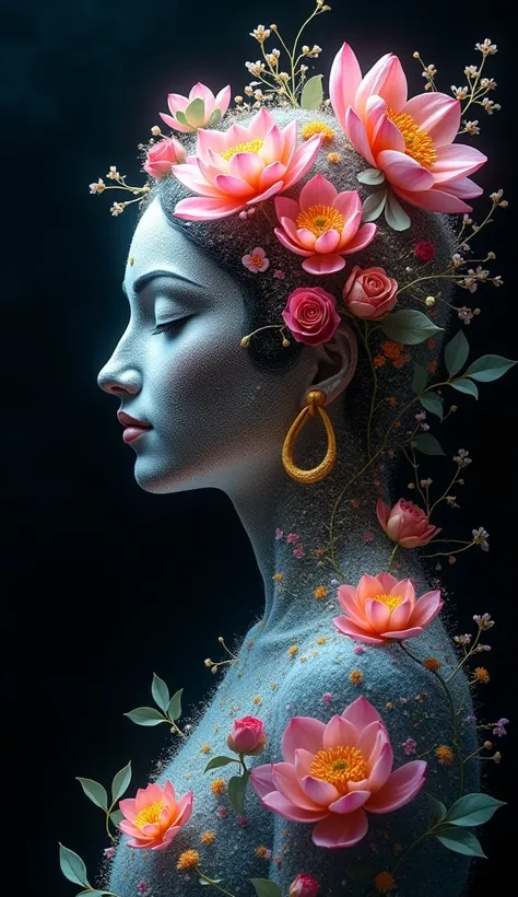 A portrait of the Hindu god Shiva, depicted in profile. Her face is composed of delicate, translucent flowers, arranged in intricate patterns. The background is a deep, rich black, allowing the vibrant colors of the flowers to stand out. The flowers are re...