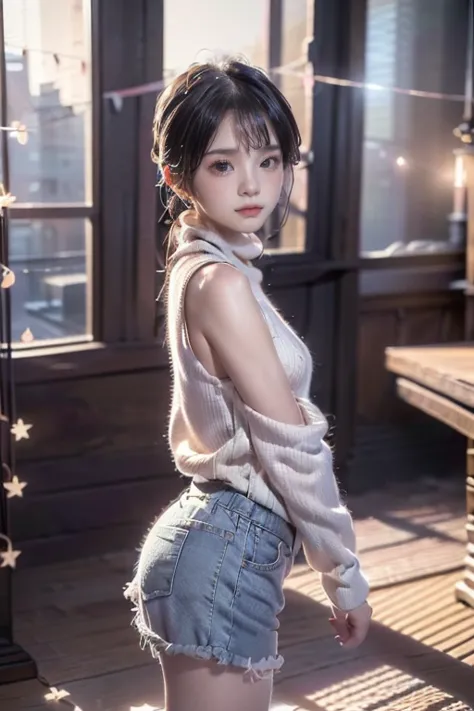 create a full-length, hyper-realistic image of a super cute, fair-skinned 20-year-old korean girl standing in the middle of a bu...