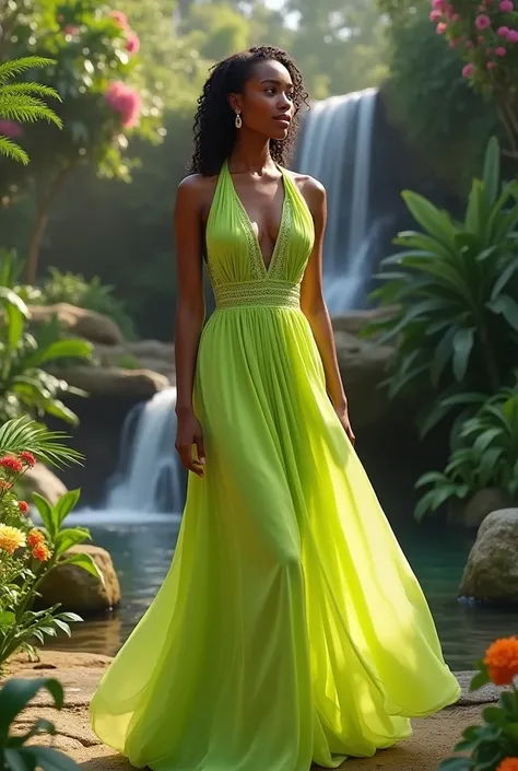 Beautiful nigerian woman in lime bridesmaids dress garden waterfall