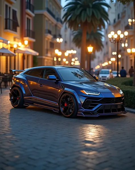 a Lamborghini Urus Scatenato, a high-performance luxury SUV, highly detailed, 8k, photorealistic, glossy metallic paint, aggressive aerodynamic body kit, massive alloy wheels, dramatic lighting, cinematic composition, golden hour lighting, vibrant colors, ...