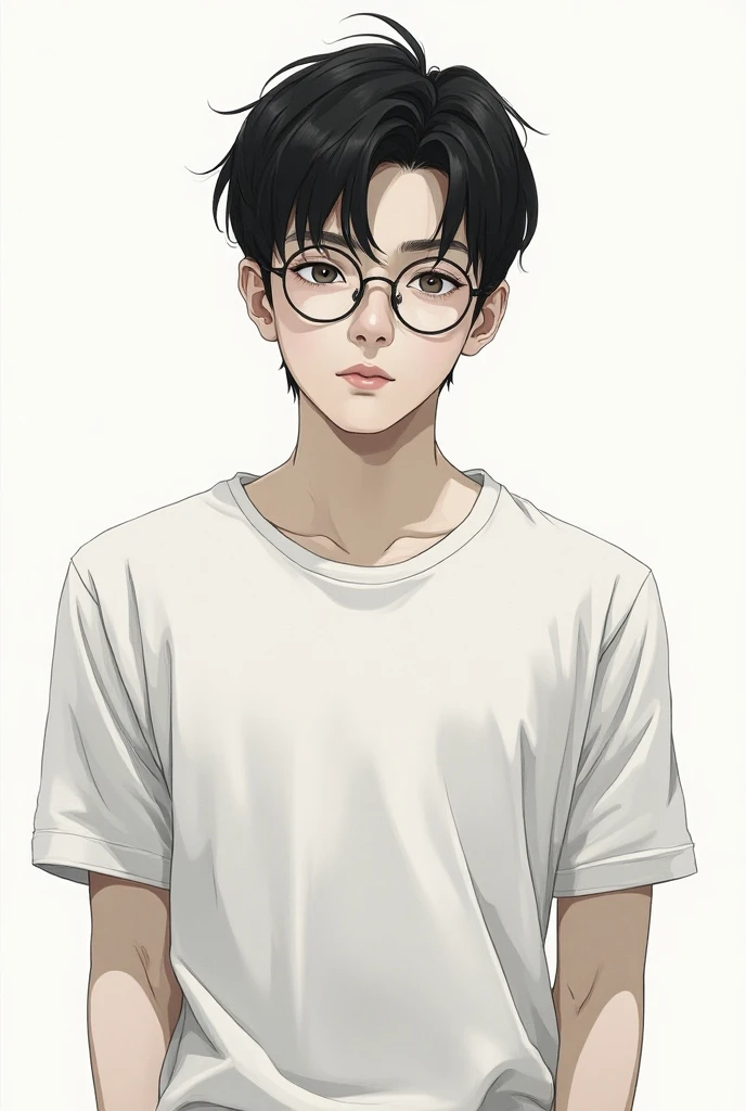 A realistic drawing , short black hair, of a 20-year-old man , slim and defined,  wearing round , attractive