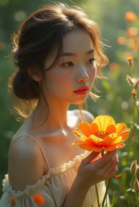 Beautiful one women  admiring beauty of flower
