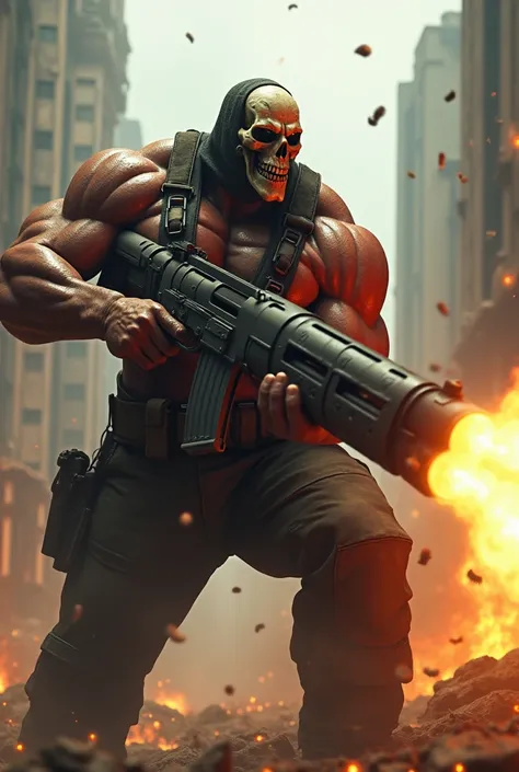 A big man with his minigun firing and he have an skull mask no shirt