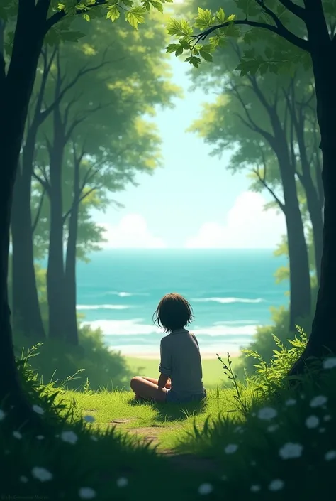 Create an image of a  sitting peacefully on the forest floor, surrounded by tall trees and lush greenery. In the distance, the sea is visible, with waves gently crashing onto the shore. The scene captures a serene and tranquil atmosphere, with soft sunligh...