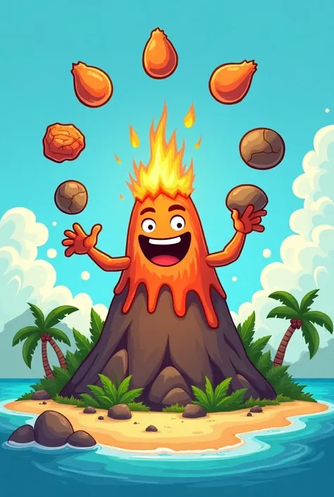 A volcano juggling. cartoon for shirt .  On an island in the form of infinity  