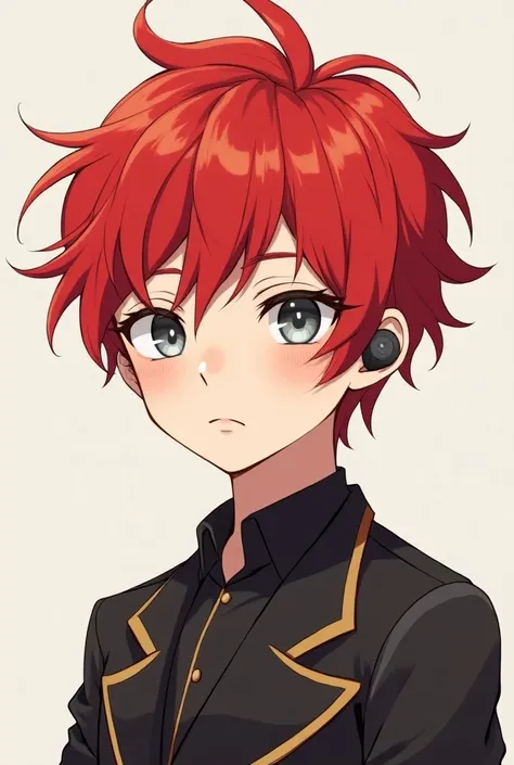 Make a red haired anime boy character who likes listening to music wearing his airpods. He looks very handsome and very majestic. His eyes are gray. Chibi version