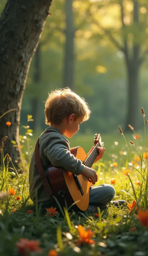 until + guitarist + musical notes + nature,boy,sitting,surrounded by kindness