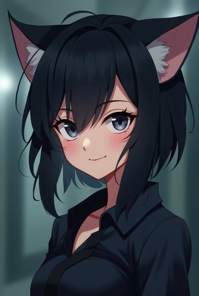 An anime-style cat girl with sleek, dark hair and subtle cat ears, exuding a confident, energetic vibe. Her hair has a touch of silver or ash tones, giving it a chic, slightly tousled look. Her eyes are sharp and observant, with a hint of a playful smirk t...