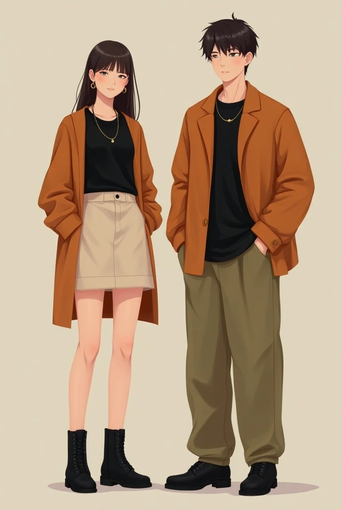 Women wear short beige skirt and black t shirt and wear light brownish orange color cardigan and wear black ankle boots wear gold simple necklace and simple gold hoop earrings.with long straight hair.

And man wear black collared t shirt with beige and gre...