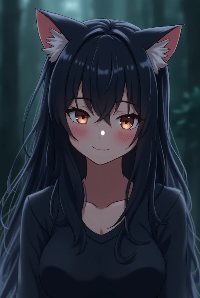 An anime-style cat girl with long, dark hair flowing gracefully, accented with subtle ash or silver highlights. Her bangs frame her face, giving her an edgy yet approachable look, and her soft cat ears peek through her hair. Her expression is confident and...