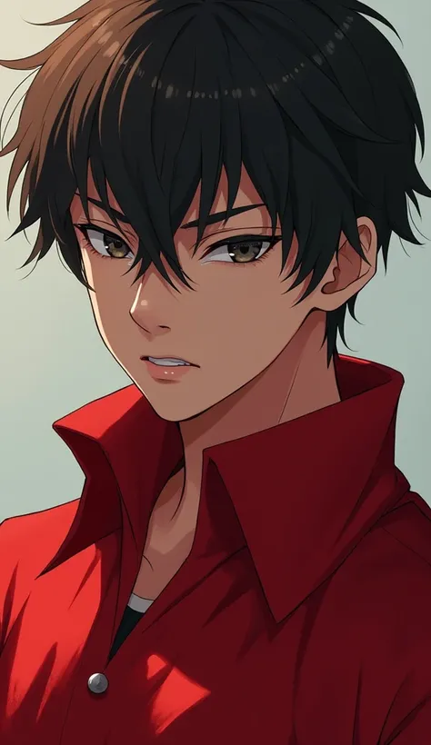 Close up of a person wearing a red shirt and red jacket by Hisahito Kojo, Jujutsu Kaisen, Anime key visual,  animated movie screenshot , Key Anime Art, anime style like destiny/stay, Key Art Anime Sharp Focus , destiny stay,   todays special anime still  ,...