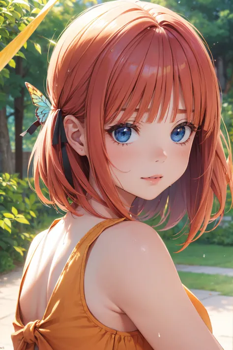 (a woman, park, sunny day, orange sundress, RAW, UHD, 8K, close up portrait:19.16, head, highly detailed face, stunning eyes,red short hair, back towards camera, wet clothes, vibrant colors, warm sunlight) ((muy escotada)) ((lazo de mariposa en el cabello)...