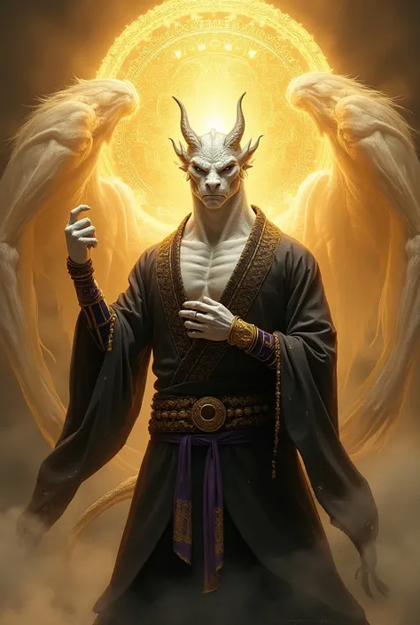  A muscular Draconate with white scales wearing fighting monk clothes, black with gold and purple details .  He has his right hand raised at chest height in a straight position and his palm turned to the left,  with prayer beads wrapped around it .  A larg...